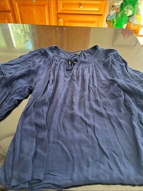 a.n.a Navy Crinkle Peasant Blouse with Tie Neck
